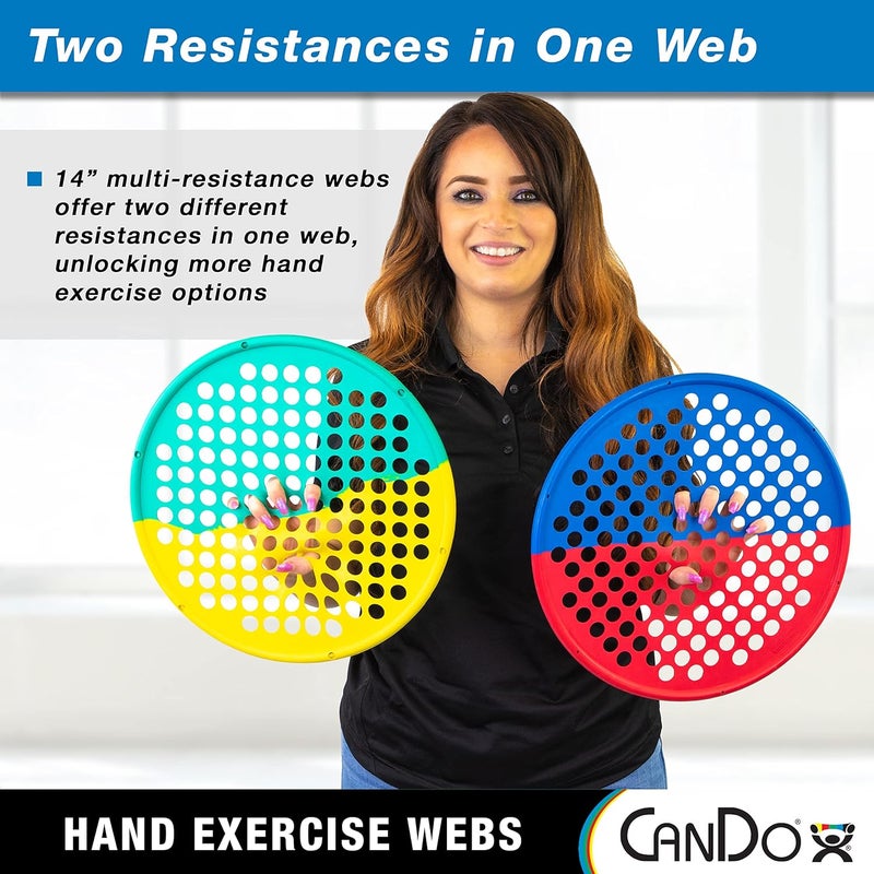 Cando Hand Exercise Webs for Physical Therapy, Grip Strengthening, and Hand, Finger, Wrist Resistance Workouts, Portable Size, Low Powder, 14" Diameter, Multi-Resistance: Light/Heavy - Image 2